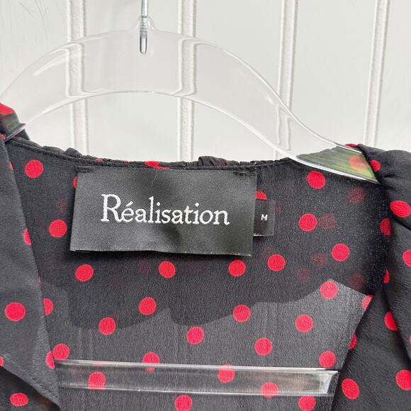 Réalisation Par Alexandra Black Silk Wrap Mini Dress Ruffle Hem Medium Polka Dot - Picture 8 of 12